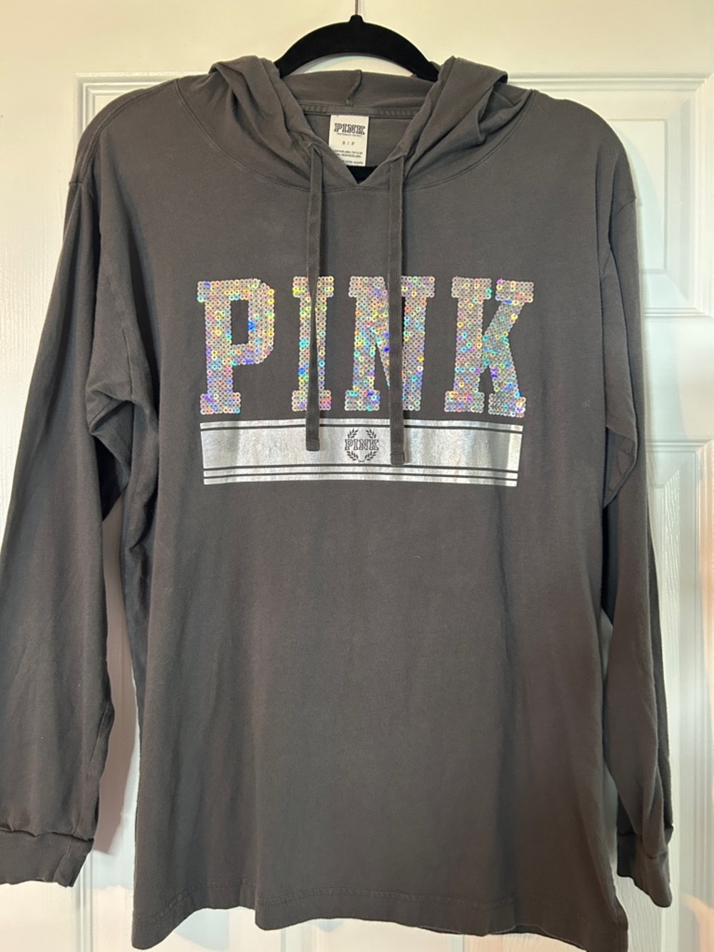 PINK Victoria's Secret Charcoal Hoodie with Holographic Sequin Logo